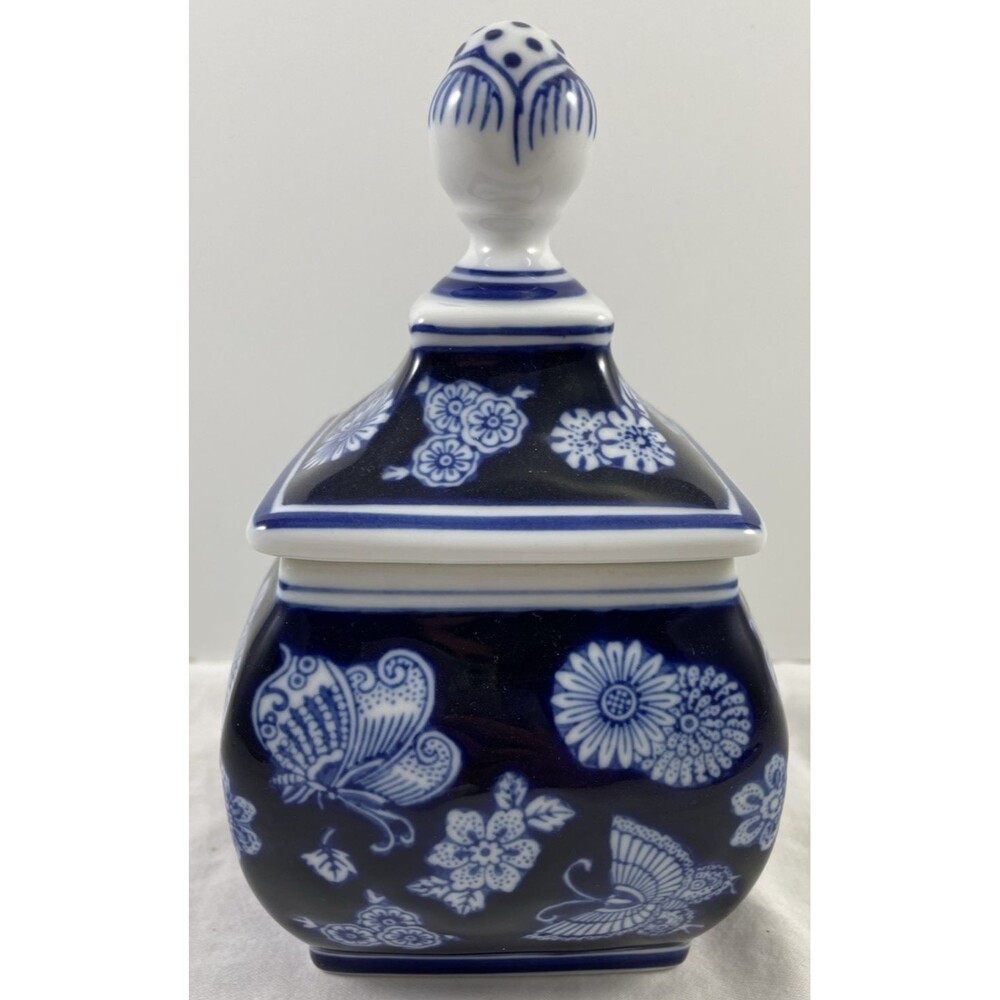 Bombay Co Square Jar Blue White Canister 7.25" Navy Floral Butterfly Vintage